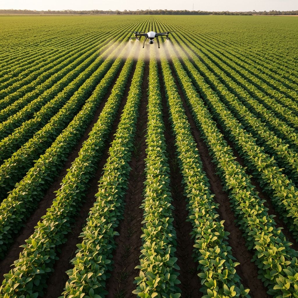 Lavoura de soja saudável com drone agrícola pulverizando